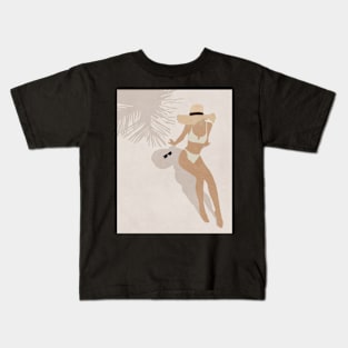 Woman, Girl, On the beach, Under palm, Hat, Boho style art, Mid century art Kids T-Shirt